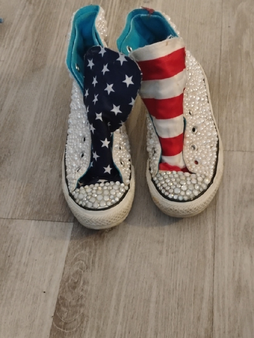 Custom Tailored PearlEmbellished Converse with Blue Star And Red Flag Design ❤️✨